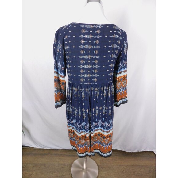 Bohemian Navy & Orange Print Dress Size M Boho Shift - Picture 2 of 11